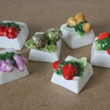 6 porcelain name tags in vintage fruit and vegetable slip