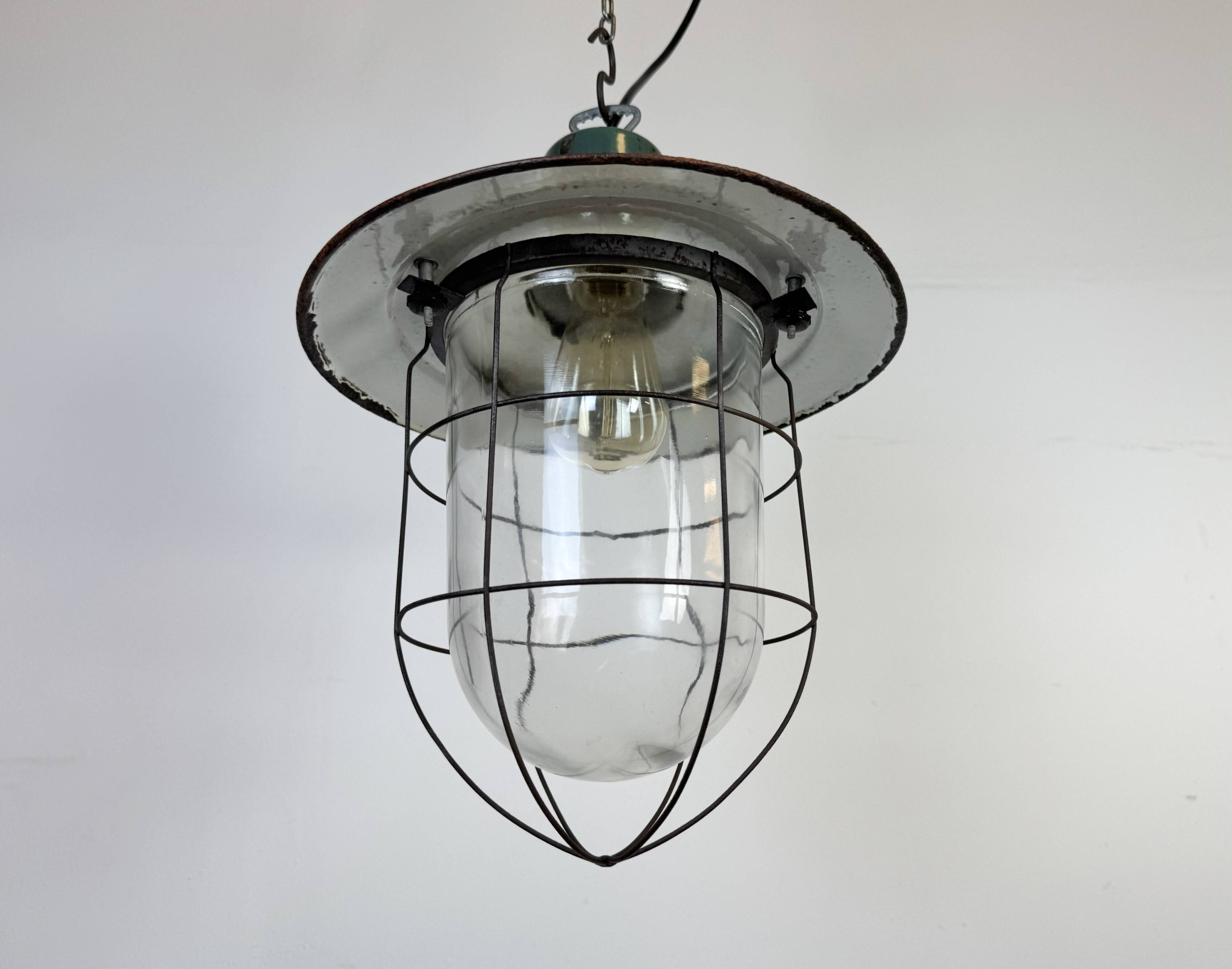 Industrial Green Enamel Cage Pendant Light, 1960s