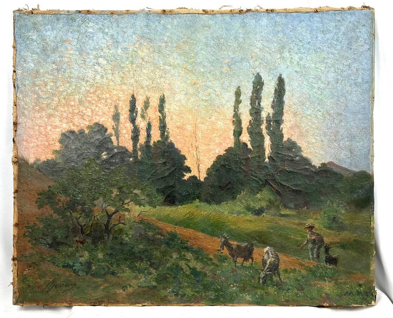 Large oil on canvas "Country Scene", signed L. Jouenne