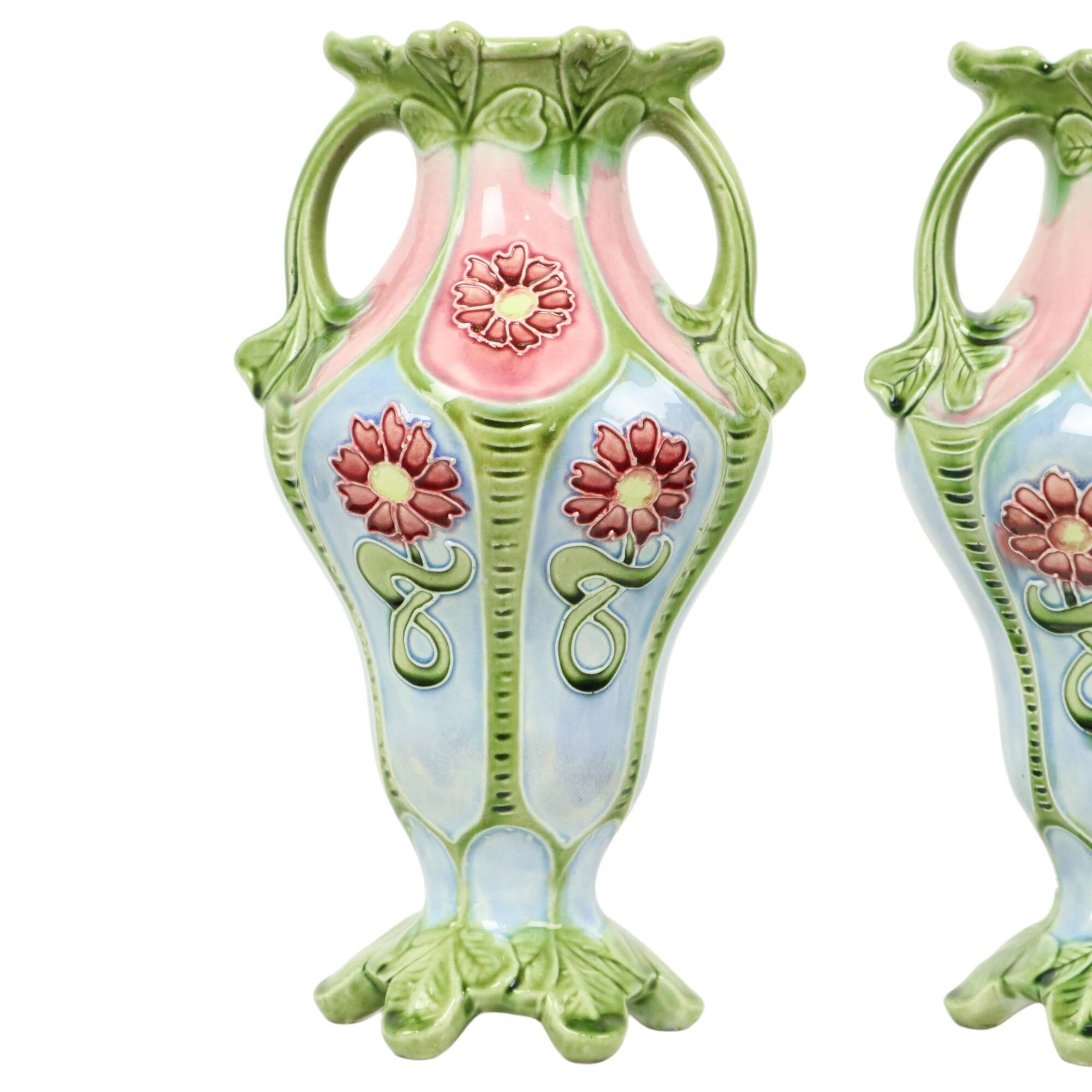 French Art Nouveau Majolica Earthenware Vases ca. 1900