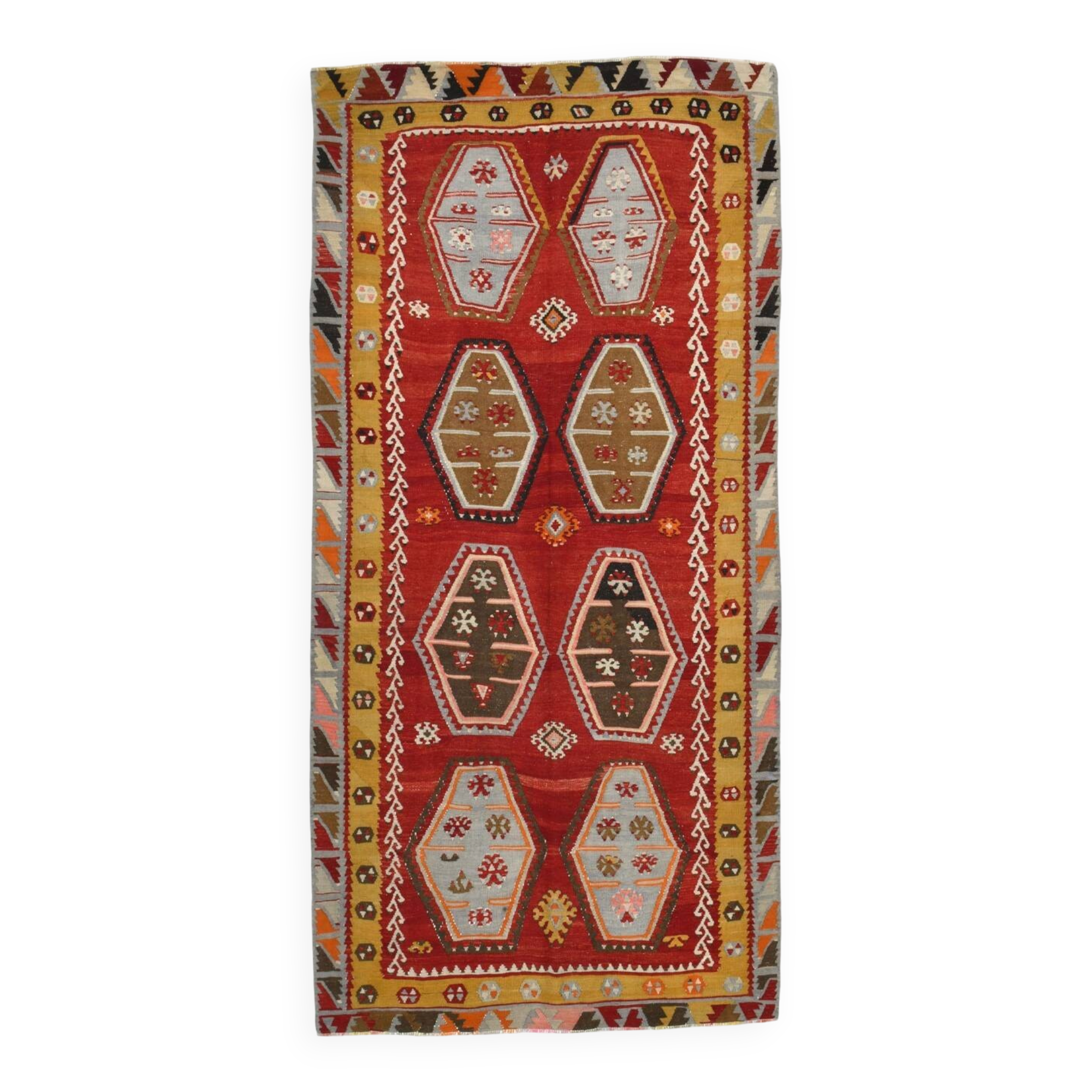 Grand Kilim Designer Vintage, Tapis Anatolien Rouge Fait Main, 149x308 Cm