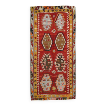 Grand Kilim Designer Vintage, Tapis Anatolien Rouge Fait Main, 149x308 Cm
