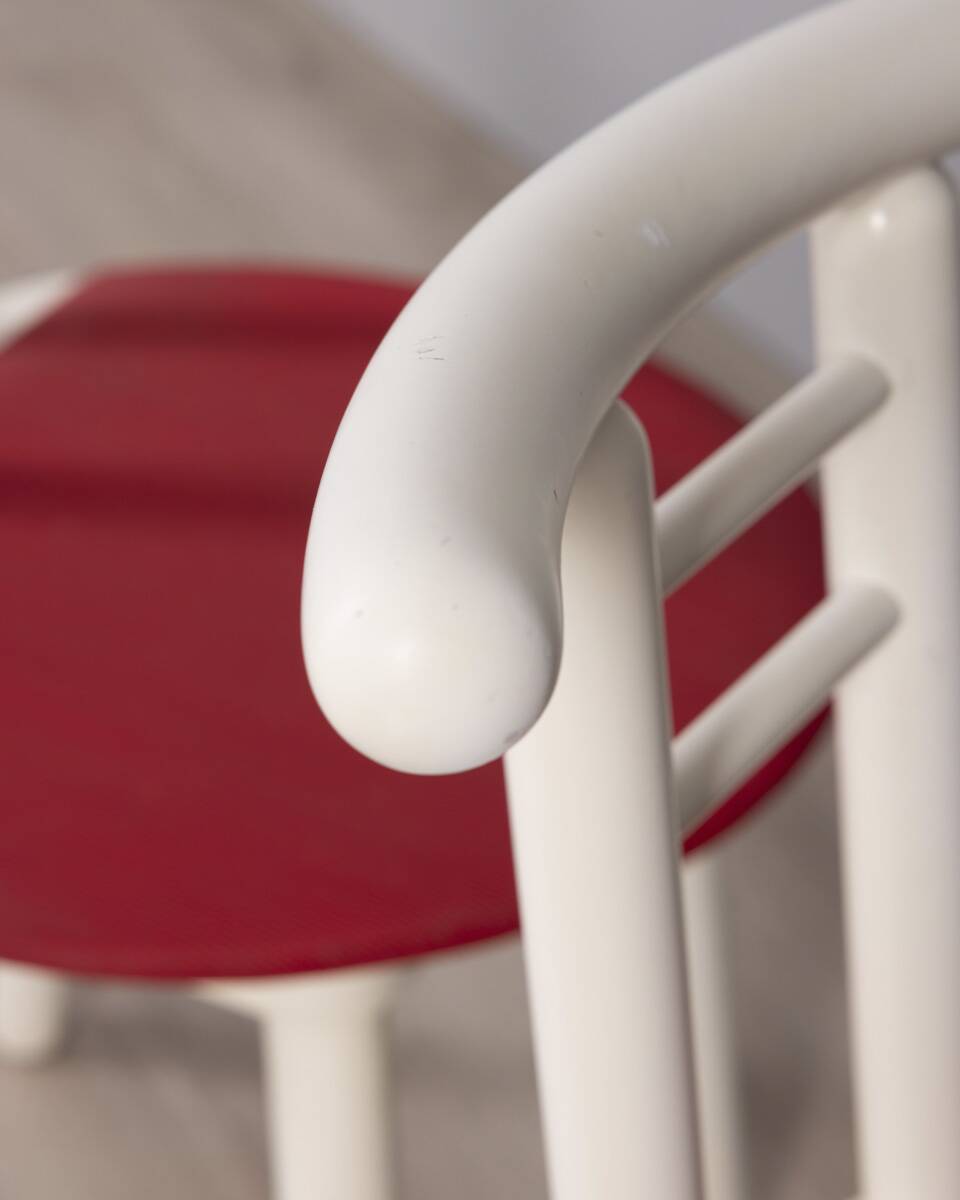 Set of 4 vintage 1980s chairs in wood and red vinyl, italian design