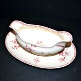 Sarreguemines earthenware gravy boat, Red Favorite with birds