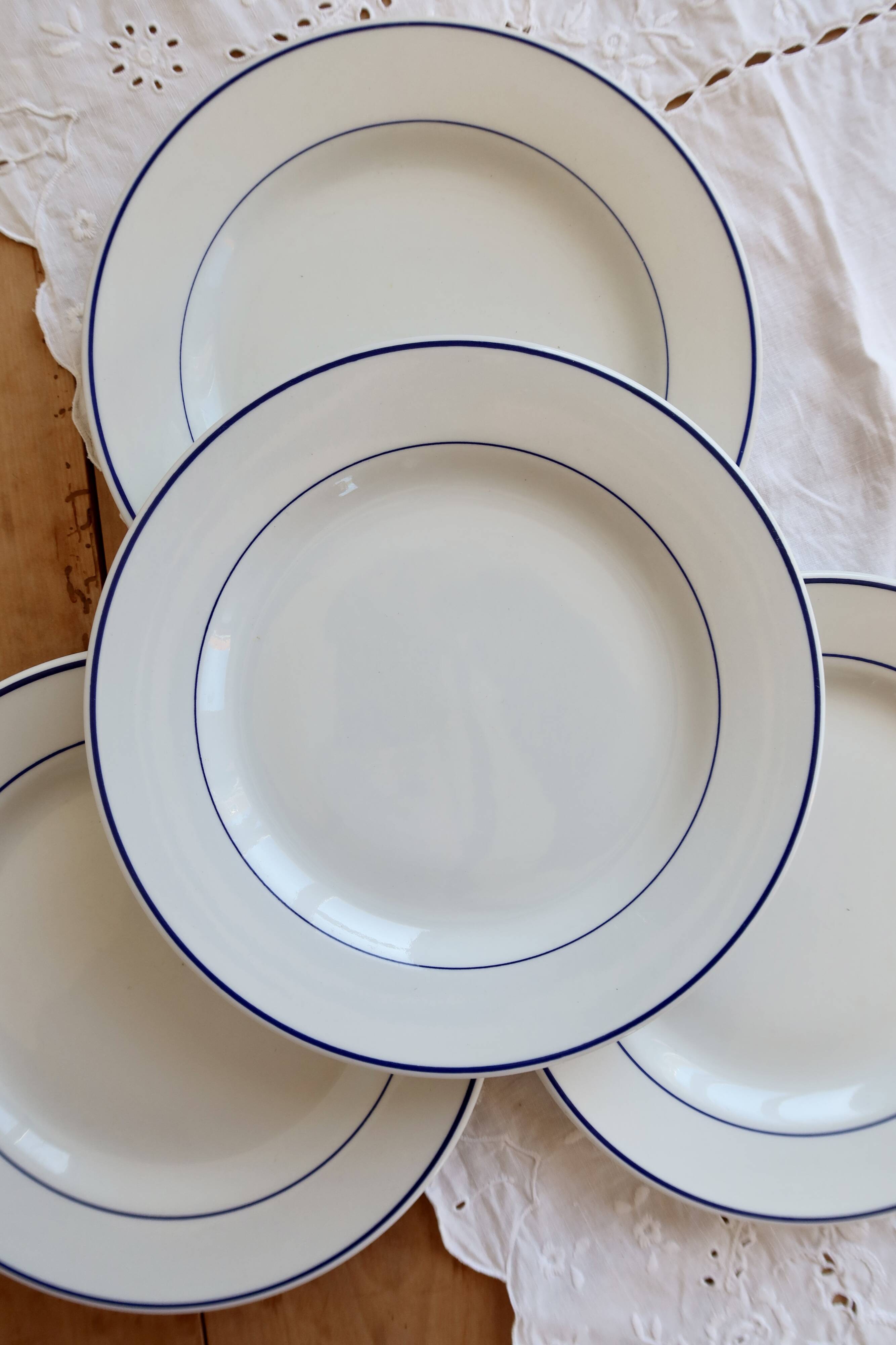 4 vintage flat plates porcelain Pyroblan Sarreguemines - Blue rim