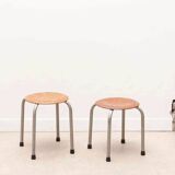 Tabouret vintage galette chêne et pieds gris