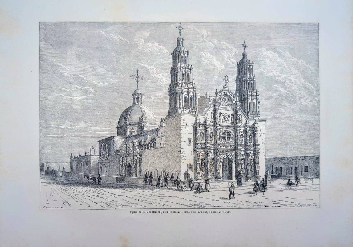 Cathedral of Chihuahua, Mexico. Printed illustration from 1861.