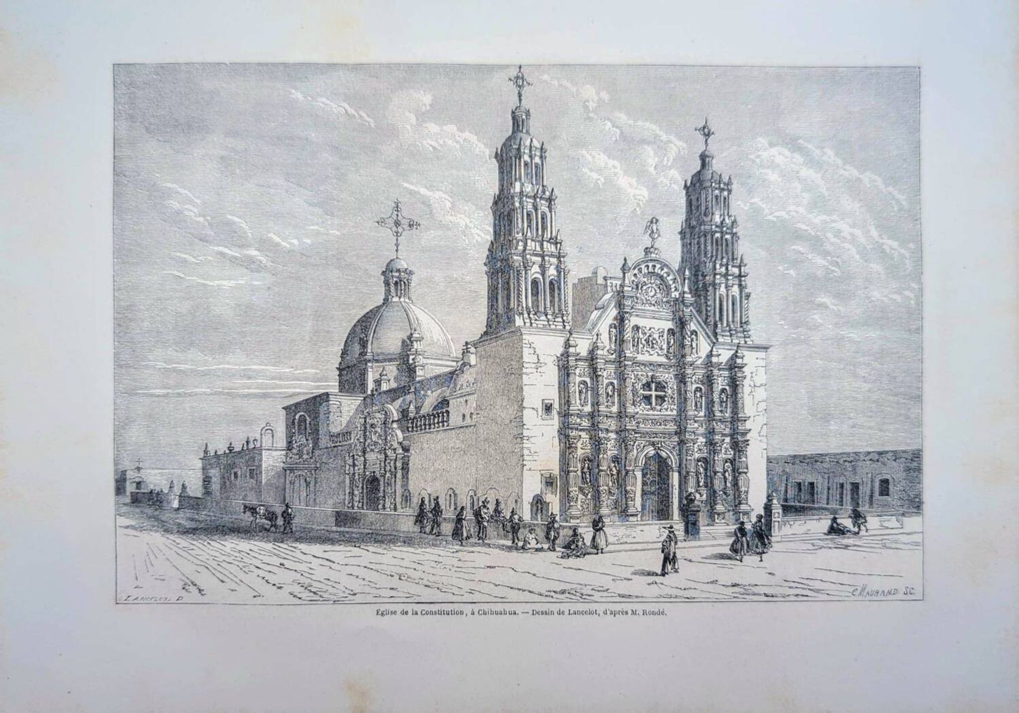 Cathedral of Chihuahua, Mexico. Printed illustration from 1861.