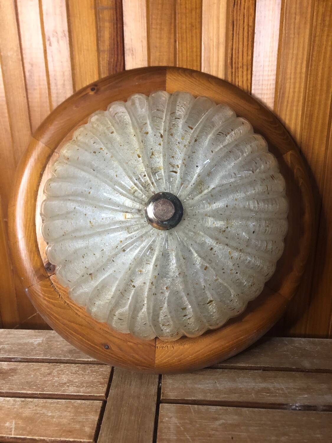 Old golden bubble glass ceiling light + vintage wood contour #a390
