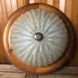 Ancien plafonnier verre bullé doré + contour bois vintage #a390