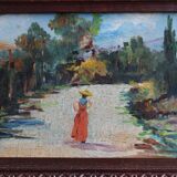 Petite huile sur panneau paysage et femme ancien