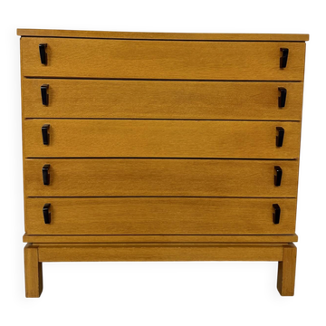 Vintage chest of drawers with 5 drawers in light wood, French design from the 60s/70s.
