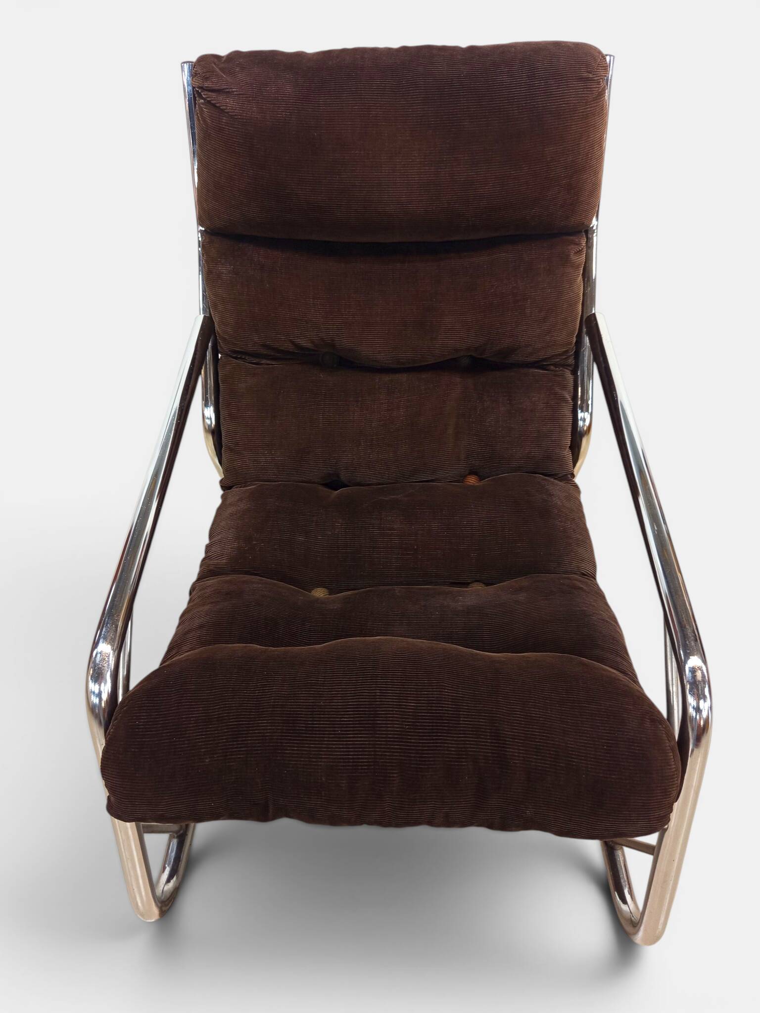 Chrome tubular lounge chair with corduroy – Space Age style 1970