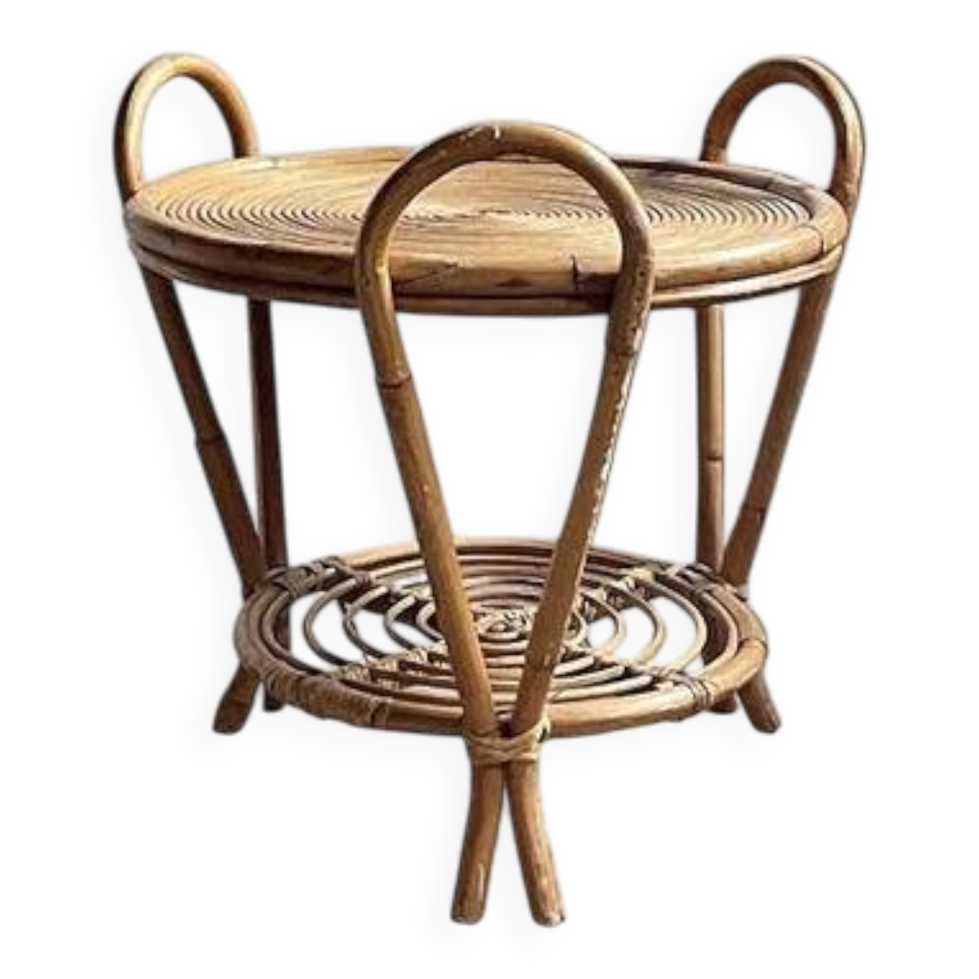 Vintage Sculptural Two-Tier Rattan Side Table with Loop Handles, Japan, 1970s