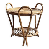 Vintage Sculptural Two-Tier Rattan Side Table with Loop Handles, Japan, 1970s