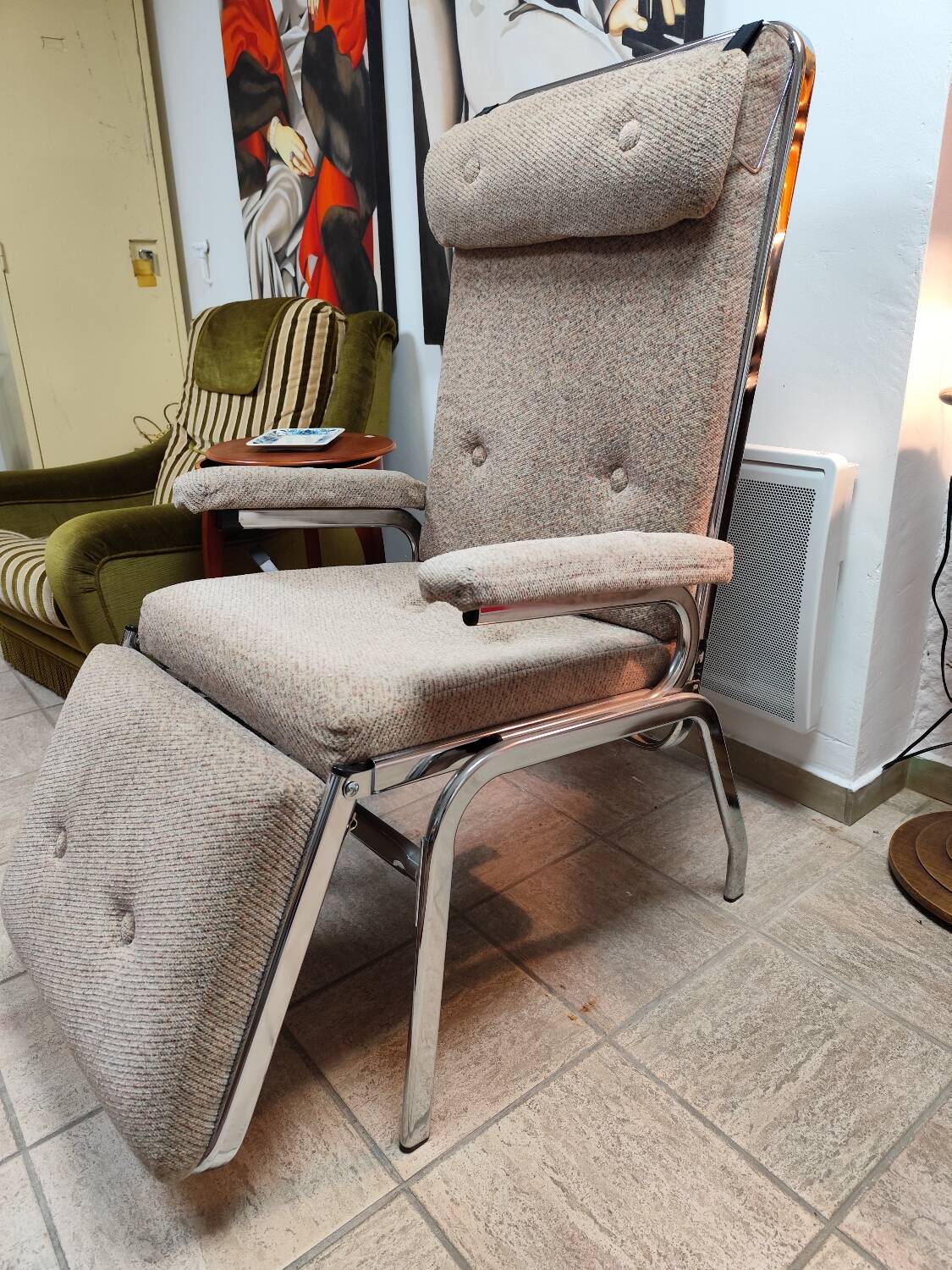 1970s fabric and stainless steel reclining armchair