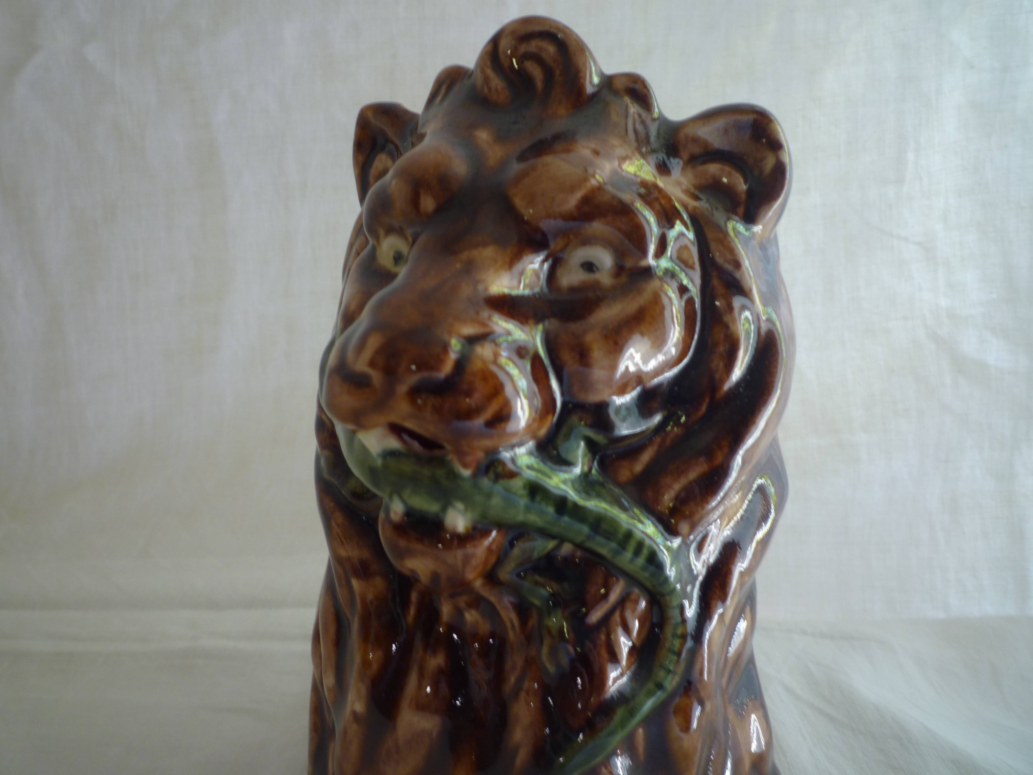 Lion head slip pitcher late 19th century