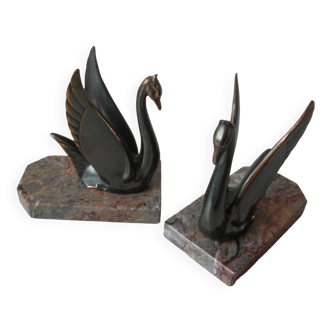 Old pair of large bird swan bookends in spelter on marble base