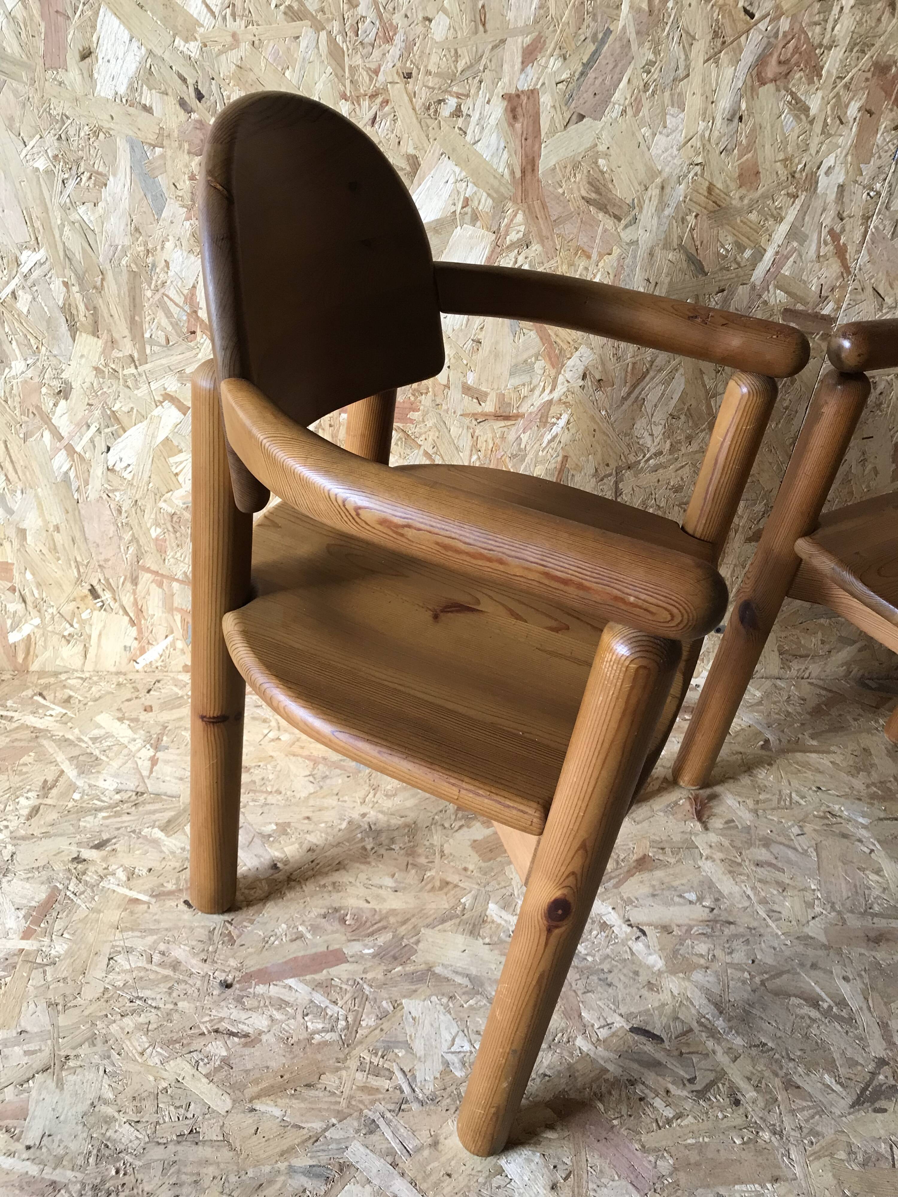 Pair of vintage brutalist armchairs in solid pine by Rainer Daumiller