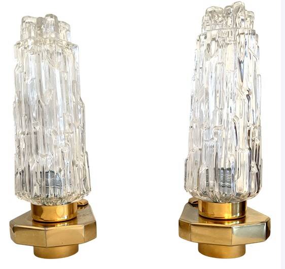 Pair of Art Deco wall sconces - moulded glass and brass