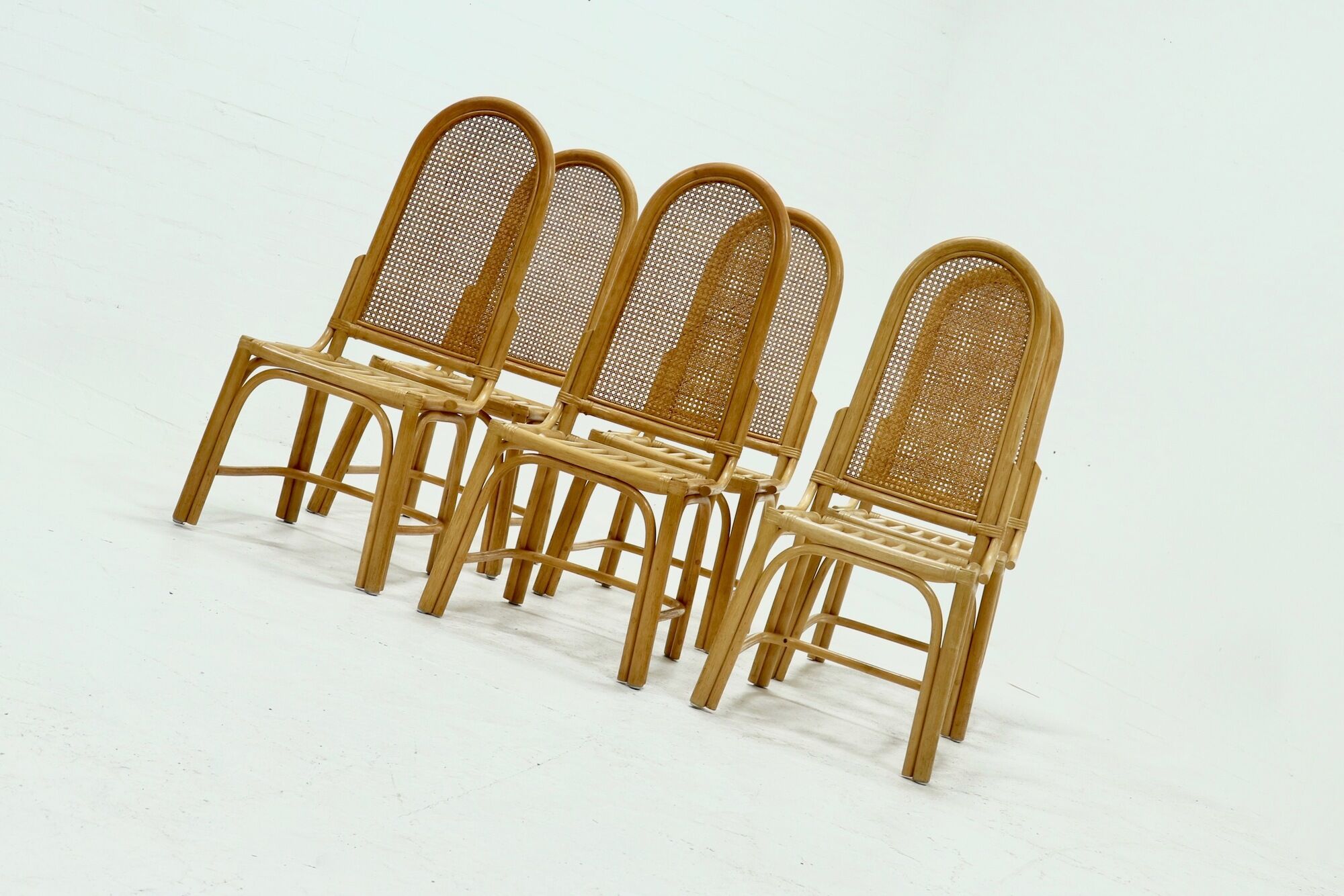 Set of 6 bamboo and webbing dining chairs 1970s