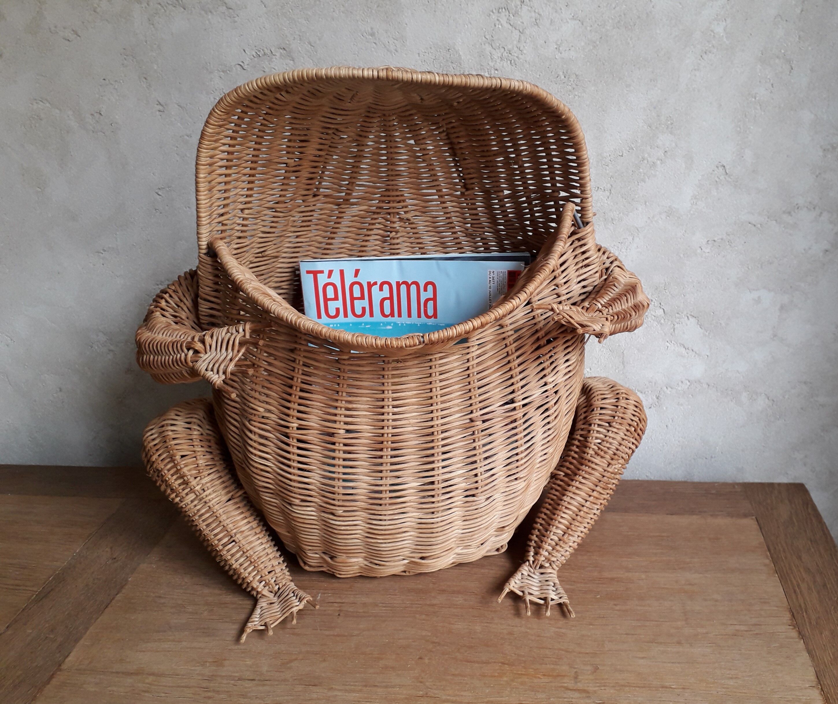 Frog in rattan magazine holder
