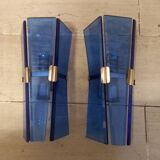 Paire d'appliques murales années 70 en verre bleu