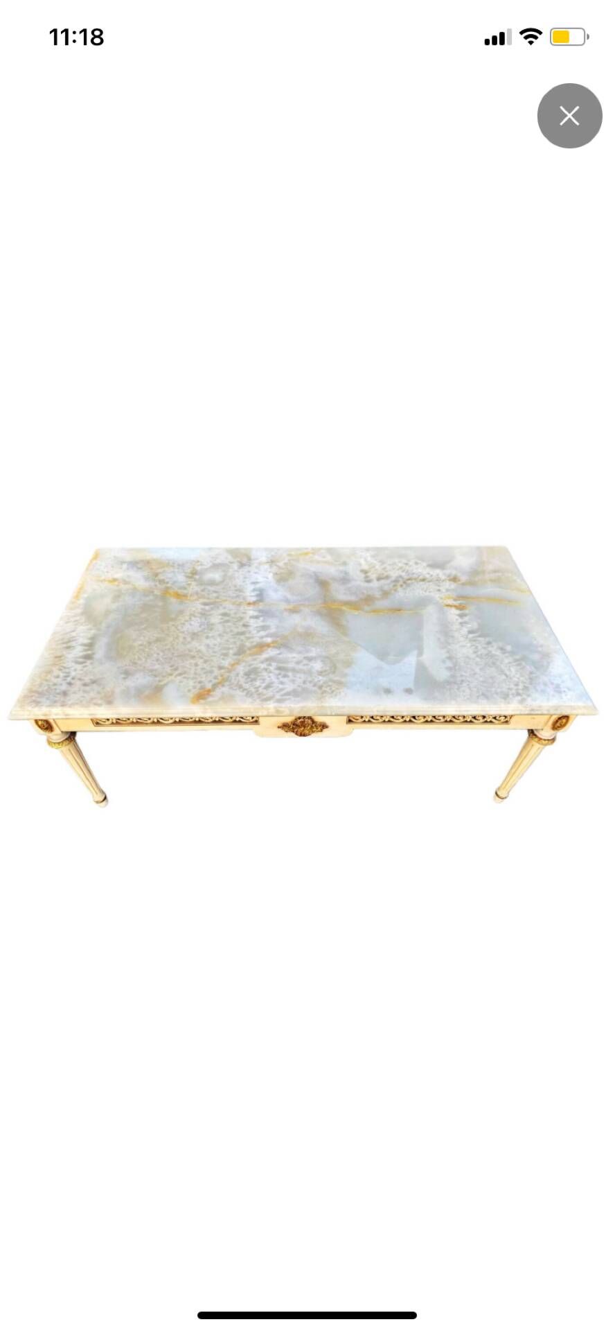 Louis XVI style coffee table in patinated and gilded wood, marble top.