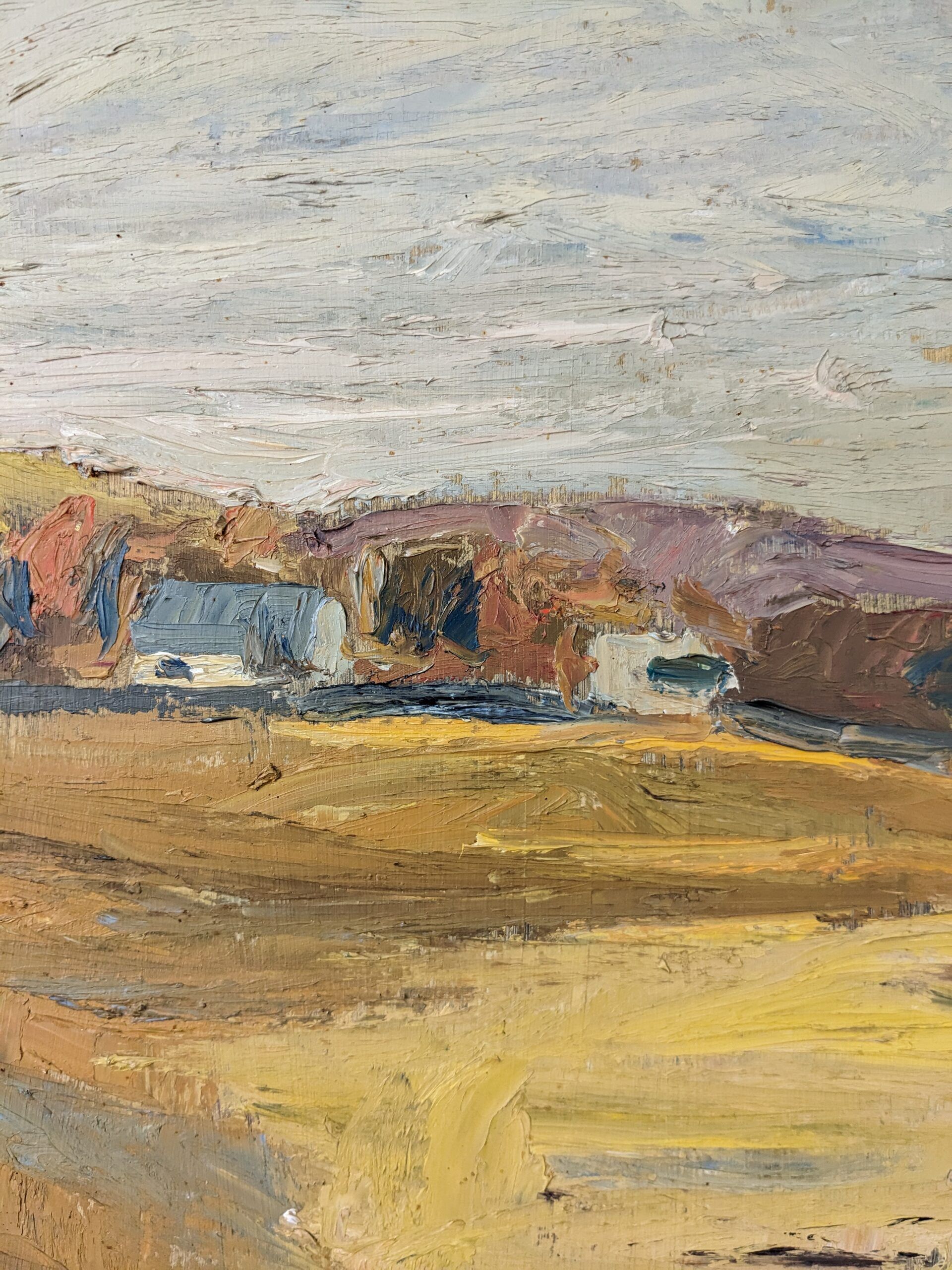 Peinture à l’huile de paysage vintage suédoise moderne « Golden Meadows » du milieu du siècle, encadrée