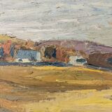 Peinture à l’huile de paysage vintage suédoise moderne « Golden Meadows » du milieu du siècle, encadrée