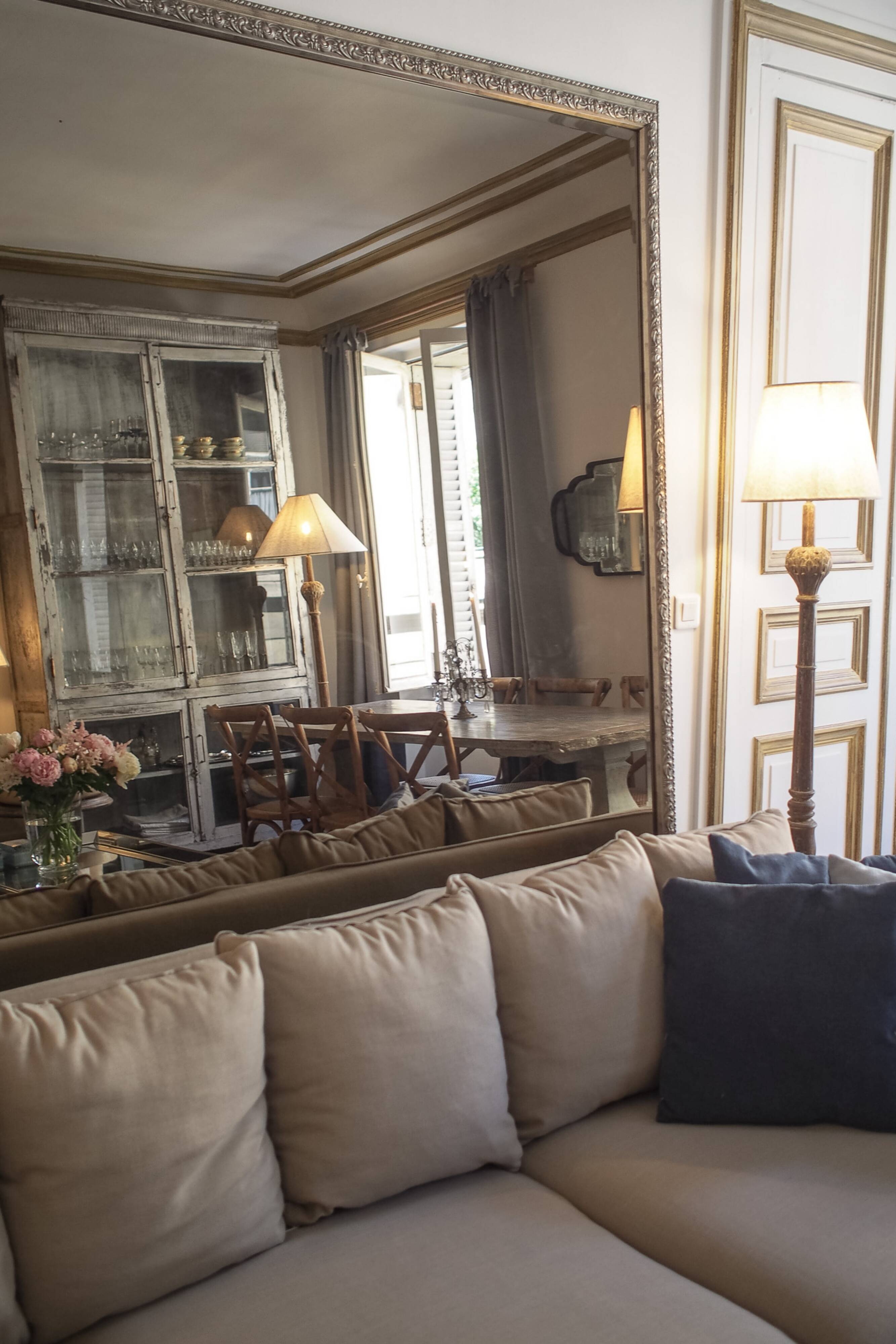 Parquet mirror, gold frame with a bead frieze.