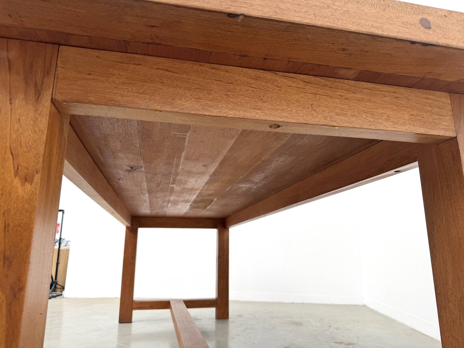 Large modernist farmhouse table in solid beech, thick dowelled top.