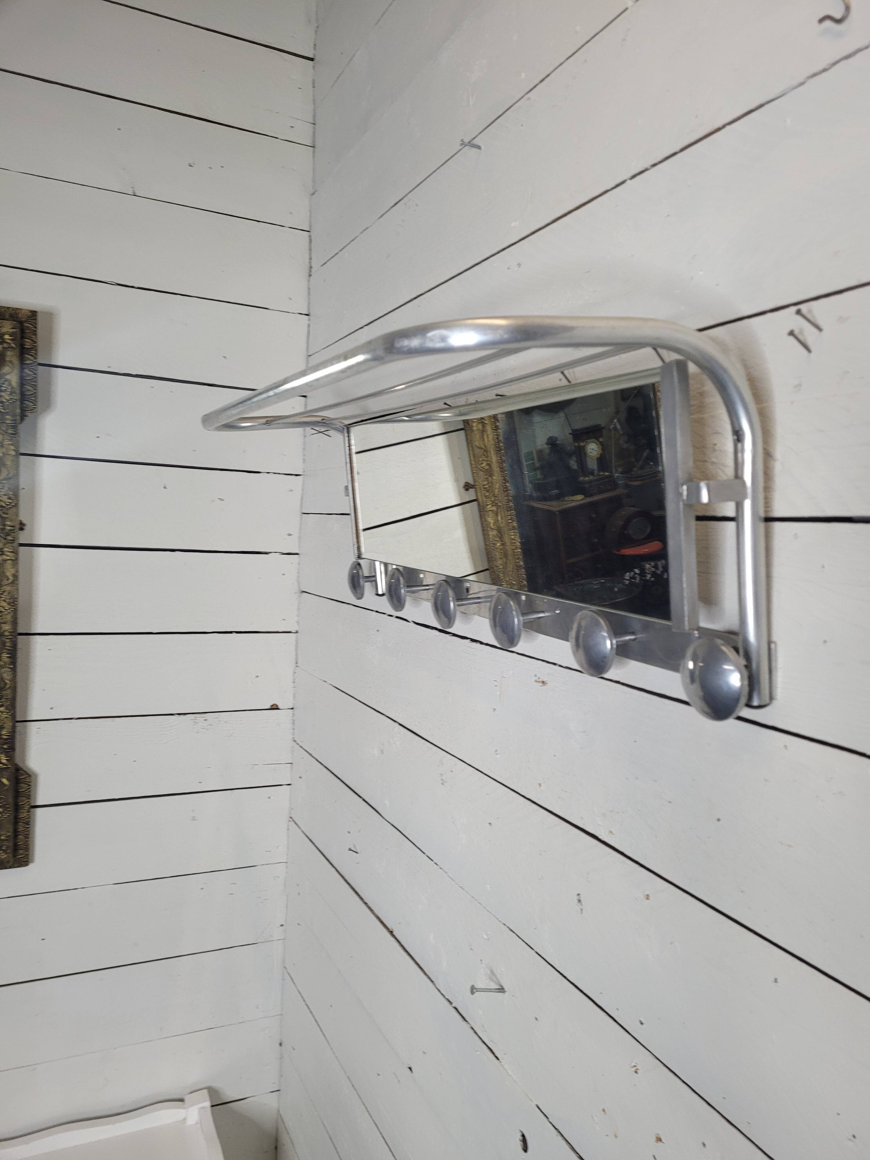 Aluminum wall coat rack with pivoting mirror from the 60s