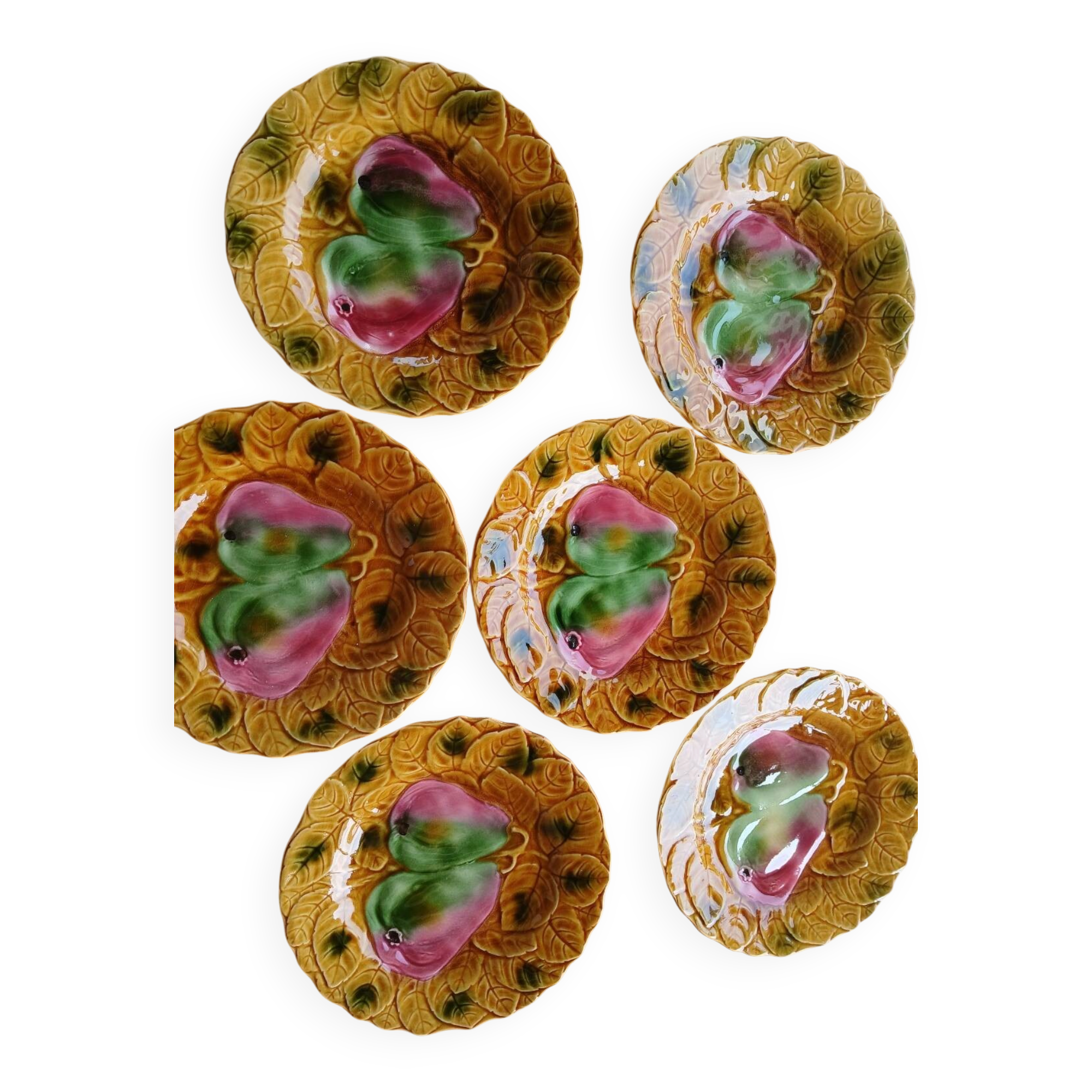 Set of 6 barbotine plates Digoin Sarreguemines from the 1950s-60s.