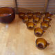 Salad bowl + 11 cups vereco frosted moulded amber glass 1970s vintage
