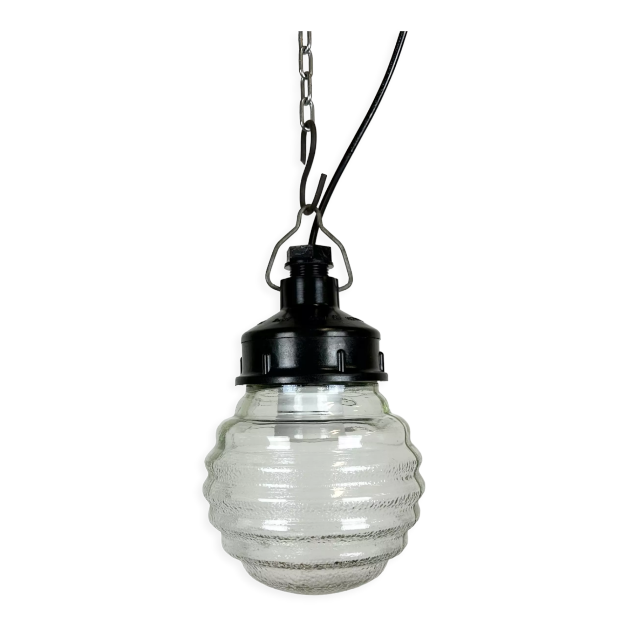 Industrial Bakelite Pendant Light with Ribbed Glass, 1970s