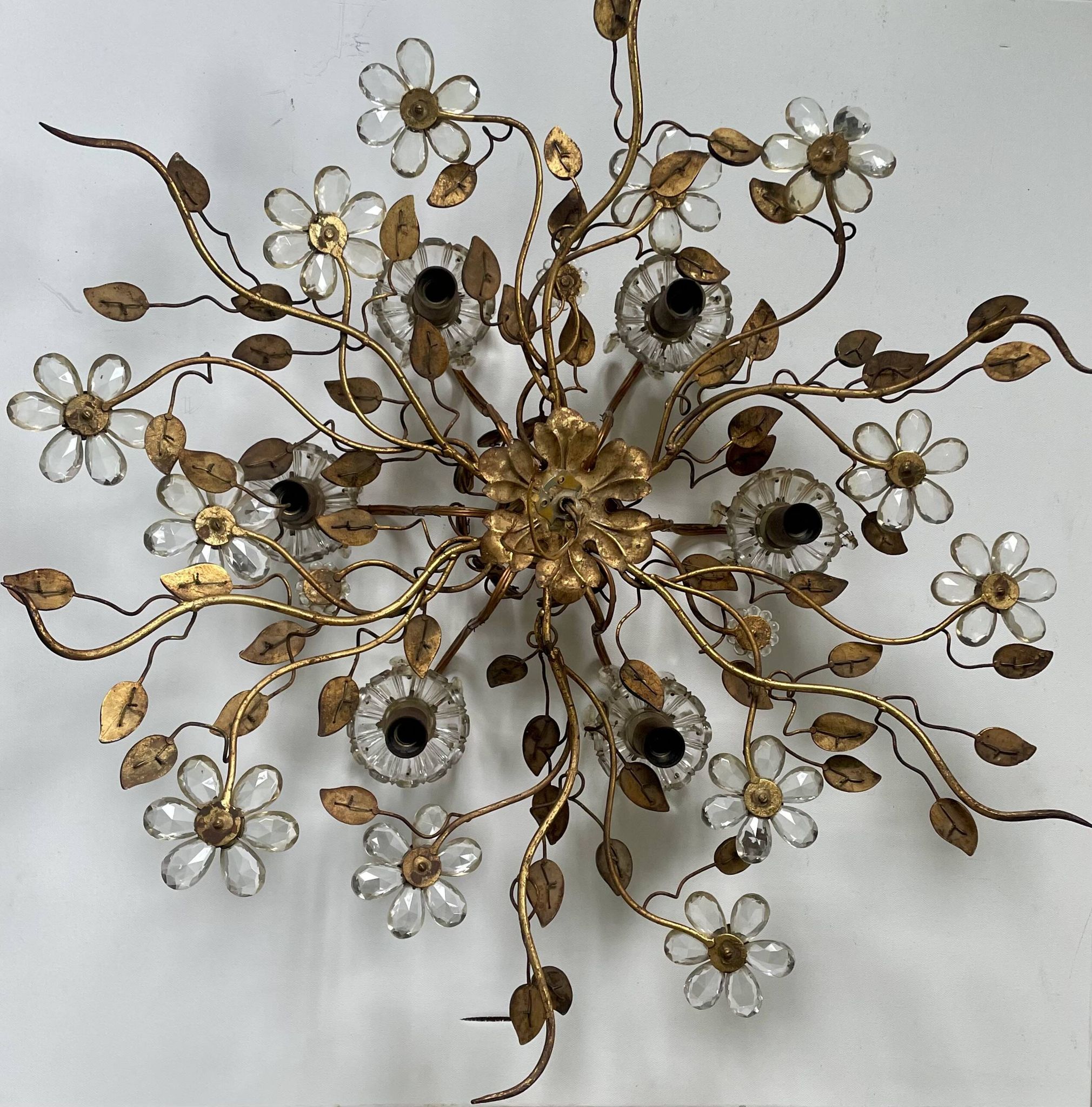 Floral chandelier Banci Firenze with 6 lights, coloured glass and gold metal.