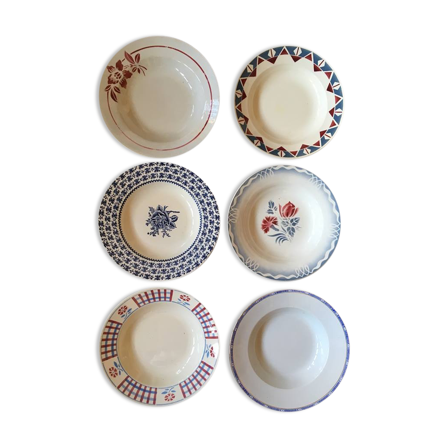 Six soup plates don't match in red and blue.