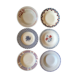 Six soup plates don't match in red and blue.