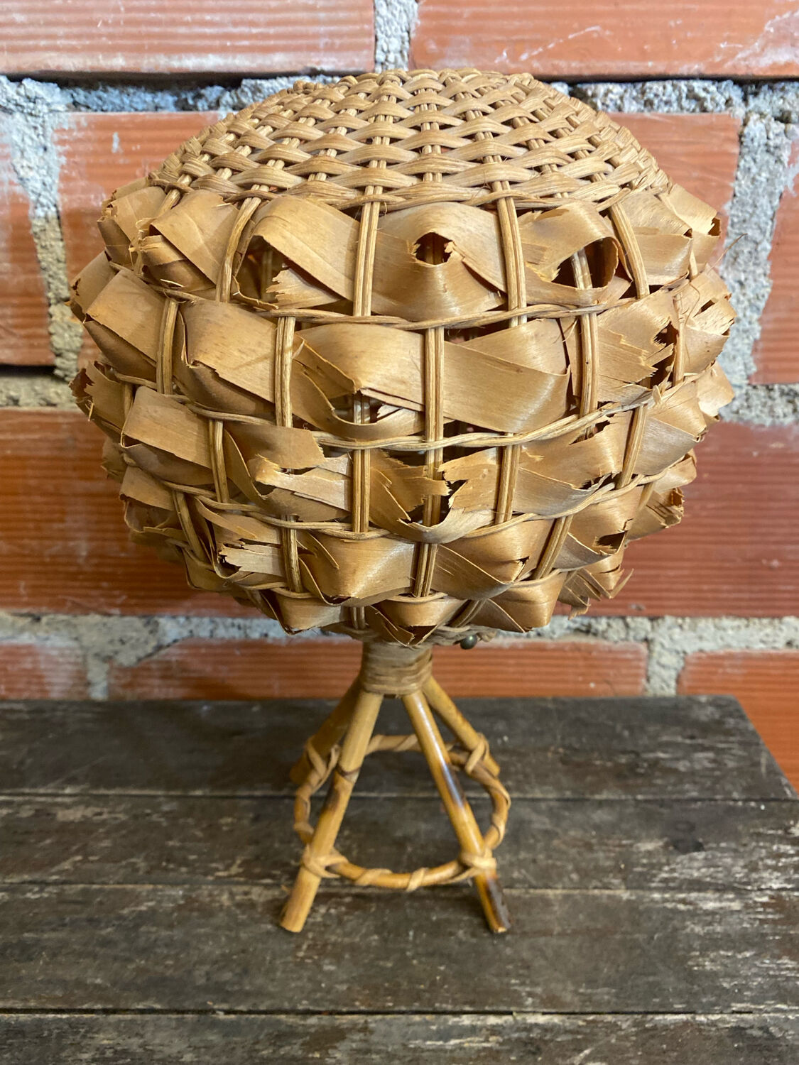 Vintage 50s Tiki Rattan Lamp + Woven Natural Fibre Ball