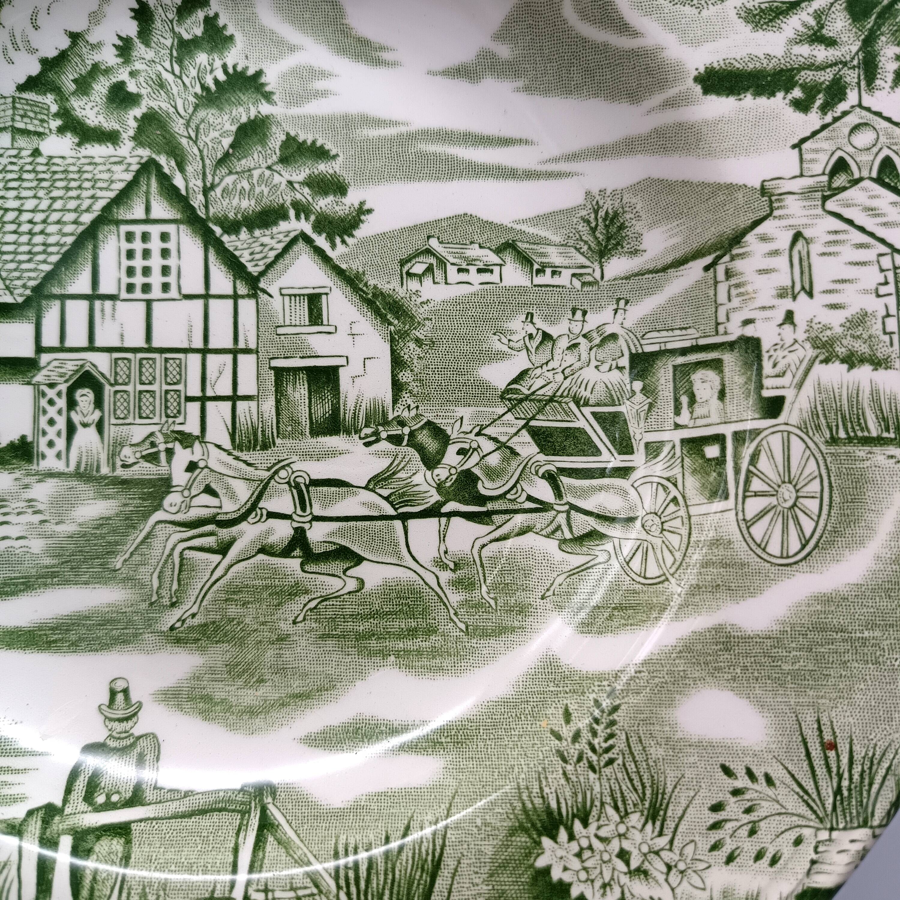 6 french ceramic luneville soup plates, green and ivory