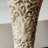 Asian-inspired ball vase. In beige cinnabar lacquer. Scenes of life decor. Arabesque and floral friezes. Height 24 cm