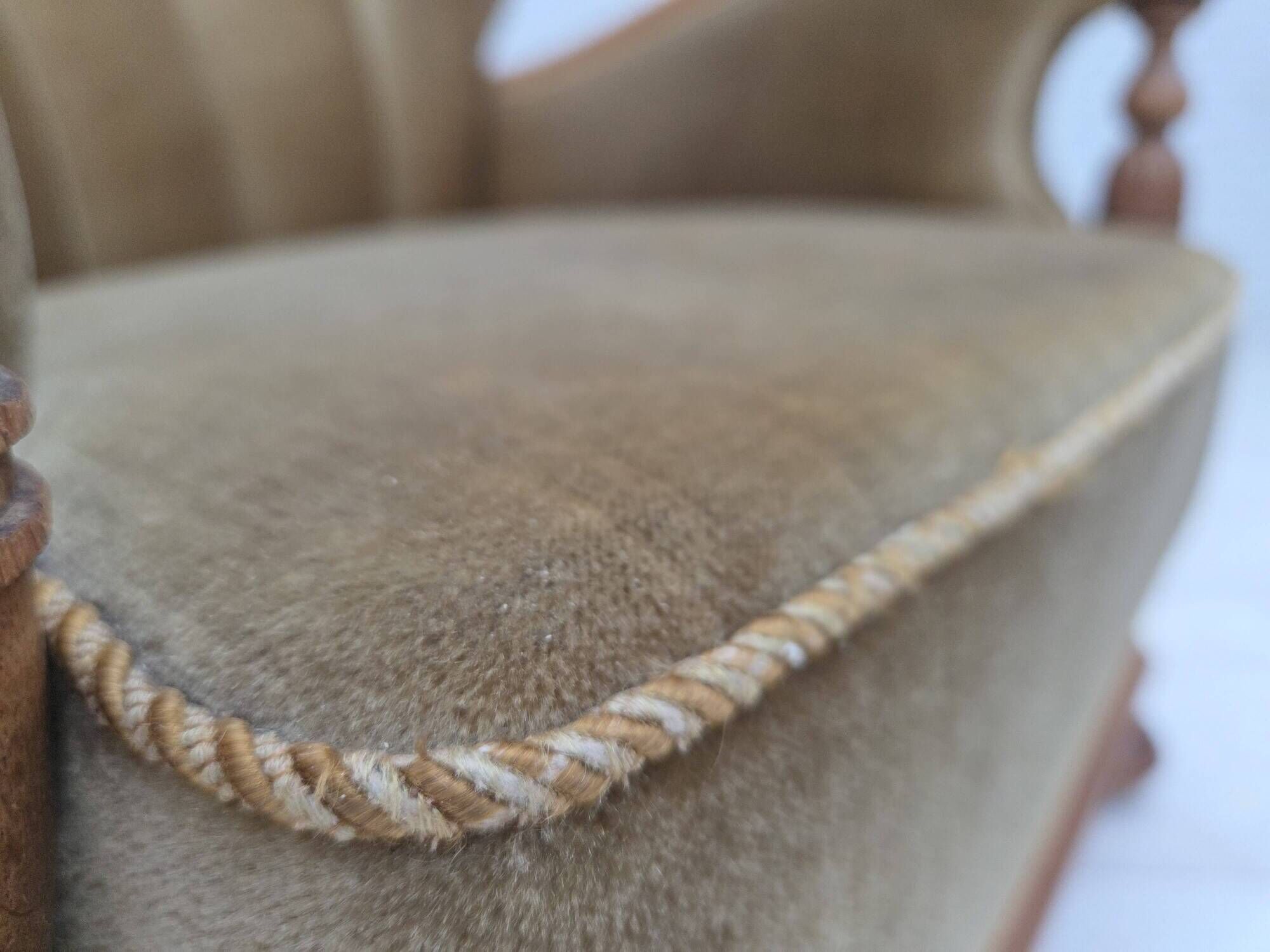 1960s, Danish armchair, green furniture velour, solid carved oak wood.
