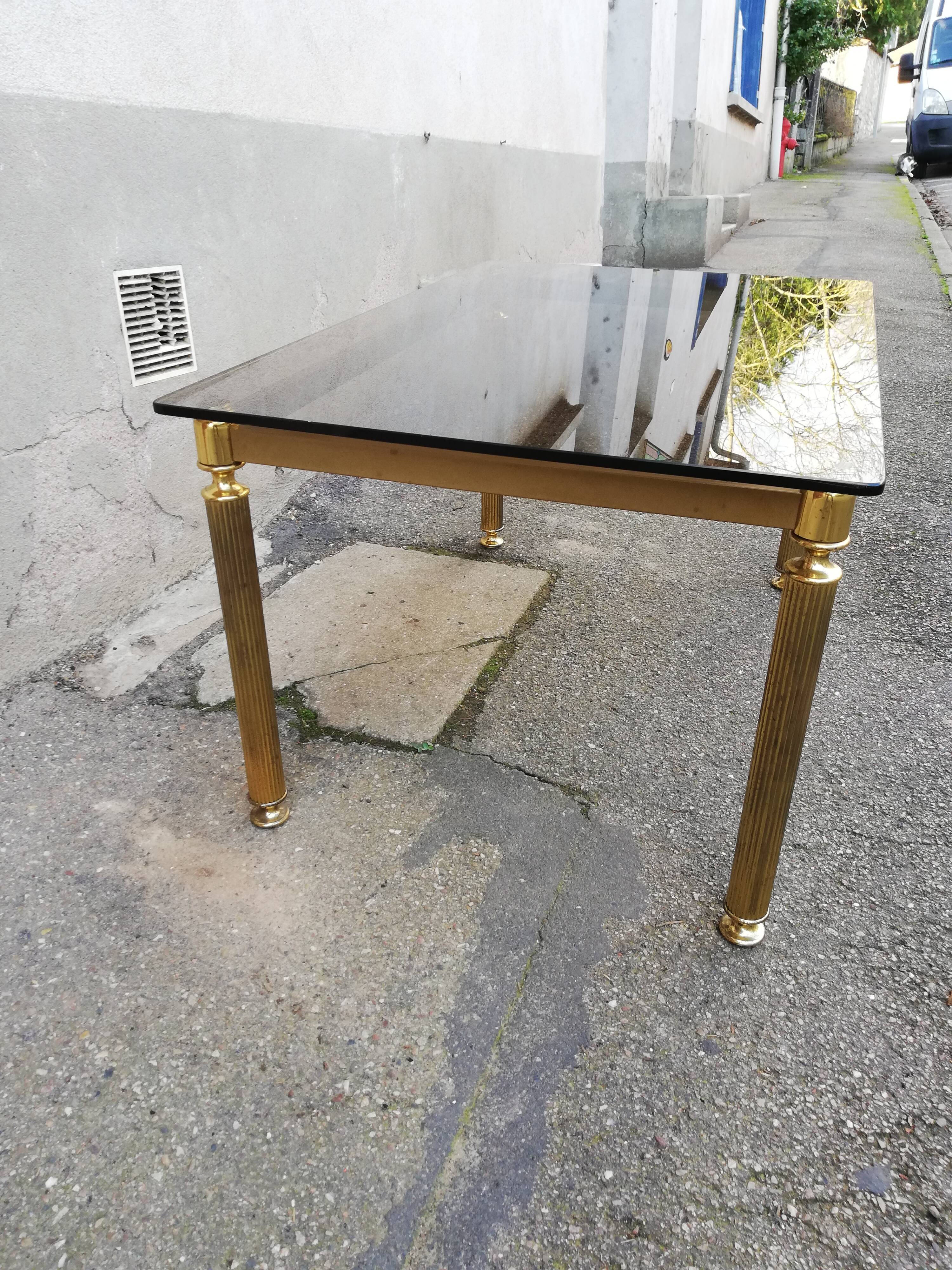 Table basse vintage laiton et verre fumé marron