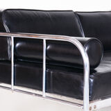 Black leather sofa made in 1930s Czechia by Vichr & Co. - Fully restored