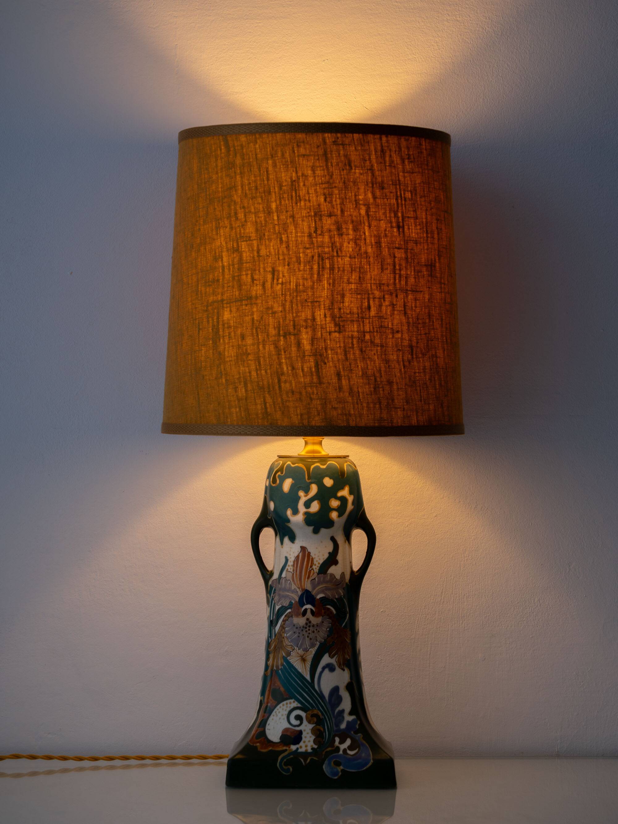 Pair of Dutch Art Nouveau Ceramic Table Lamps, circa 1915, with New Ochre Linen Shades
