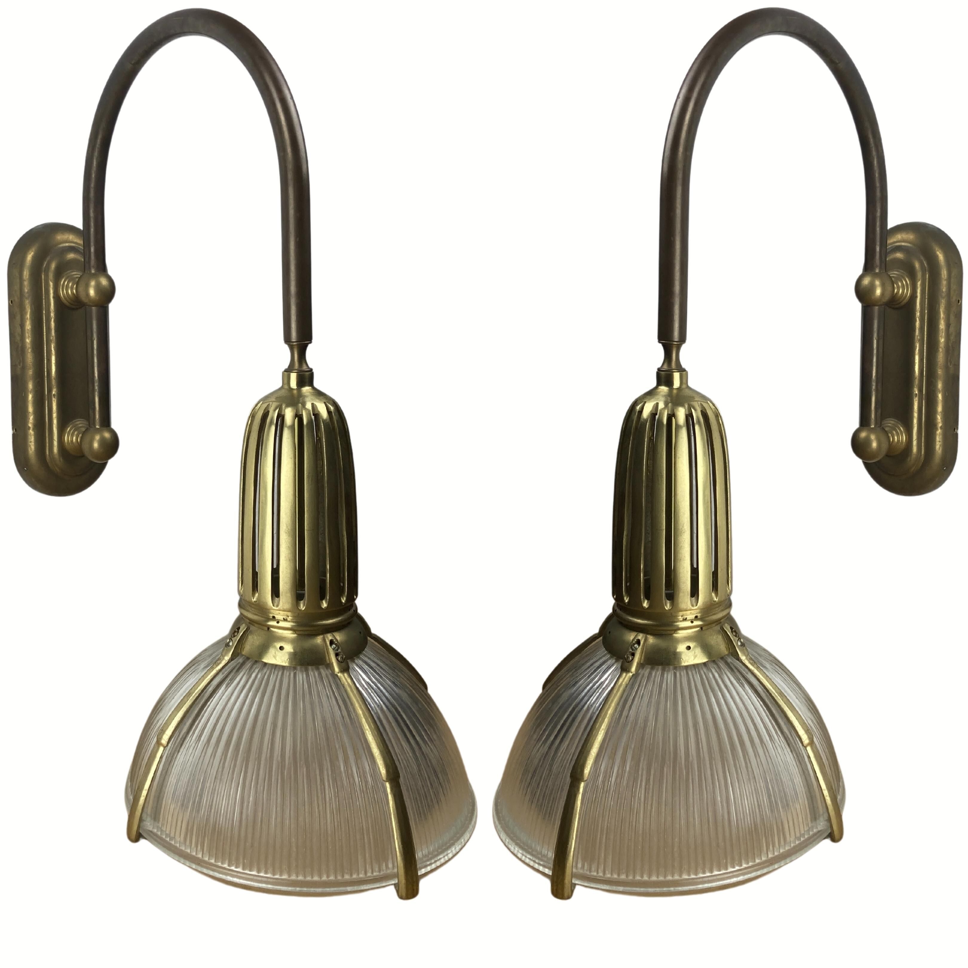 Art deco holophane cut glass and brass wall lamps, 1970