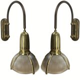Art deco holophane cut glass and brass wall lamps, 1970