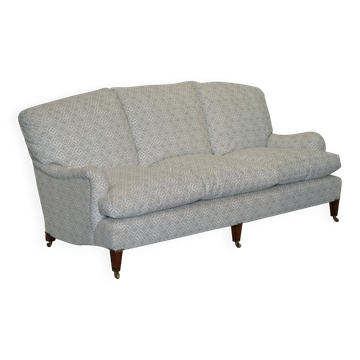 Howard & Sons canapé with feather cushions and ticking fabric, Victorian style.