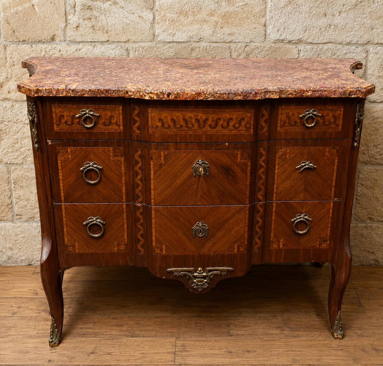 Curved marquetry commode – Marble top – Transitional style